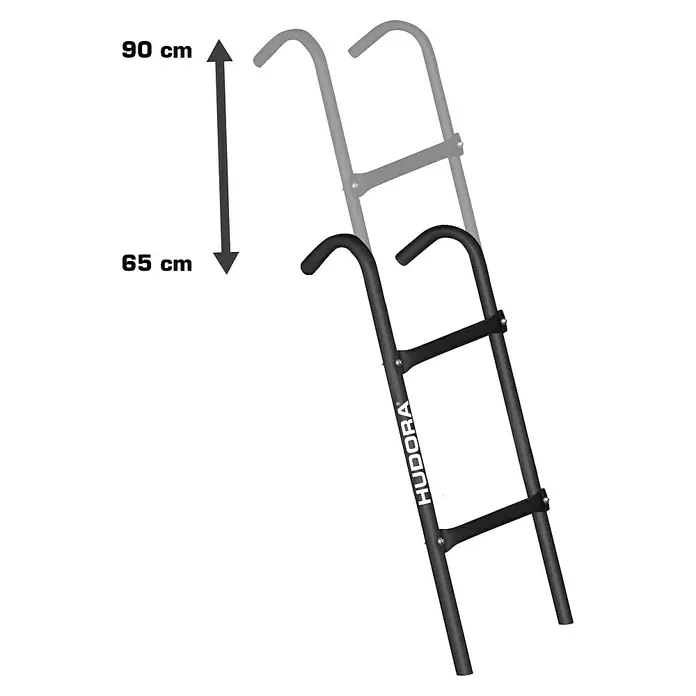 Hudora Trampolin-Leiter für Gartentrampoline - Stahl, Schwarz, Passend für: Hudora Trampoline & Gartentrampoline Höhe 65 - 90 cm - Produktabbildung einer HUDORA-Leiter mit Größenangaben, die eine Höhe von 65 cm bis 90 cm darstellt.