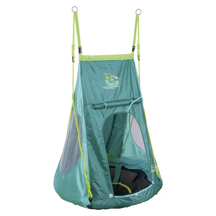 Hudora Nestschaukel Pirate 90 - Durchmesser: 90 cm, Kunststoff, Türkis, Grün - Kinder-Hängezelt in Grün mit Netzfenster und einem Rollvorhang am Eingang, befestigt mit gelben Seilen.