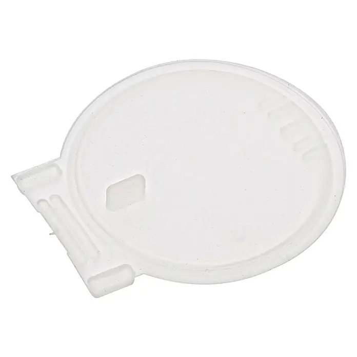 Keuco Plan Deckel - Weiß, Kunststoff - Eine weiße, runde Plastikabdeckung mit einem rechteckigen Ausschnitt und einer Lasche. Ideal zum Abdecken von Bechern oder Behältern.