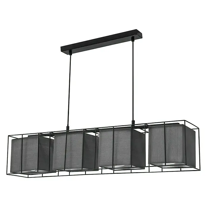 Tween Light Pendelleuchte Palermo - Höhe: 120 cm - Elegante Hängelampe mit vier grauen Schirmen in einem schwarzen Metallrahmen, ideal für stilvolle Beleuchtung.