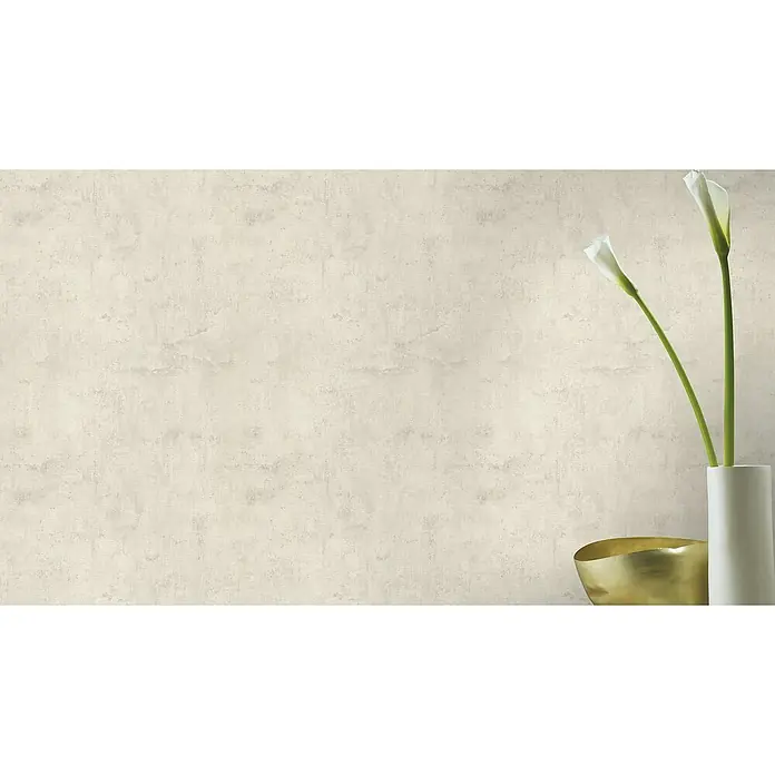 Rasch Tapetenwechsel Vliestapete - Beige, Betonoptik, 10,05 x 0,53 m - Nahaufnahme von eleganten Zimmerpflanzen in einer stilvollen Vase und einer dekorativen Schale vor einer strukturierten Wand.