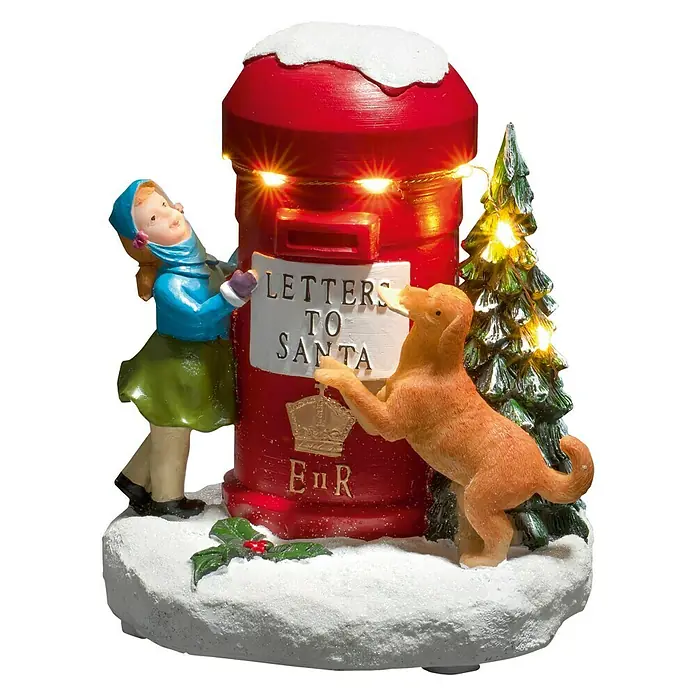 Konstsmide LED-Weihnachtsdekoleuchte Mailbox with Girl - 12 x 13,5 x 16 cm, Bunt, Batteriebetrieben, LED - Dekorative Weihnachtsfigur mit einem Briefkasten für Weihnachtsbriefe, einem Mädchen, einem Hund und einem Weihnachtsbaum, die festliche Stimmung verbreitet.
