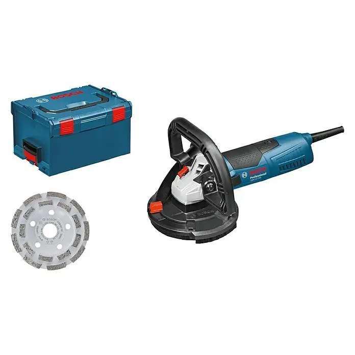 Bosch Professional Betonschleifer - 1.500 W, 9.300 U/min, Durchmesser Scheibe: 125 mm - Darstellung eines Bosch Betonfräse GBR 15 CA, einer Schleifscheibe und einer blauen Werkzeugkiste.