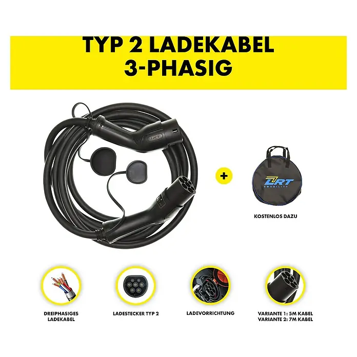 LRT Kfz-Ladekabel mit Typ 2 Stecker - 5 m - Dreiphasiges Typ 2 Ladekabel mit Tragetasche. Ideal zum Aufladen von Elektrofahrzeugen.