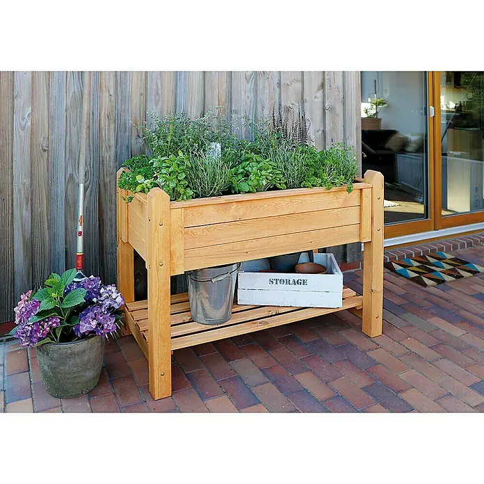 Promadino Kräuterhochbeet - 114 x 60 x 84,5 cm, Honigbraun - Der erhöhte Pflanzkasten aus Holz mit Kräutern bietet Komfort beim Gärtnern und zusätzlichen Stauraum auf der unteren Ablage.
