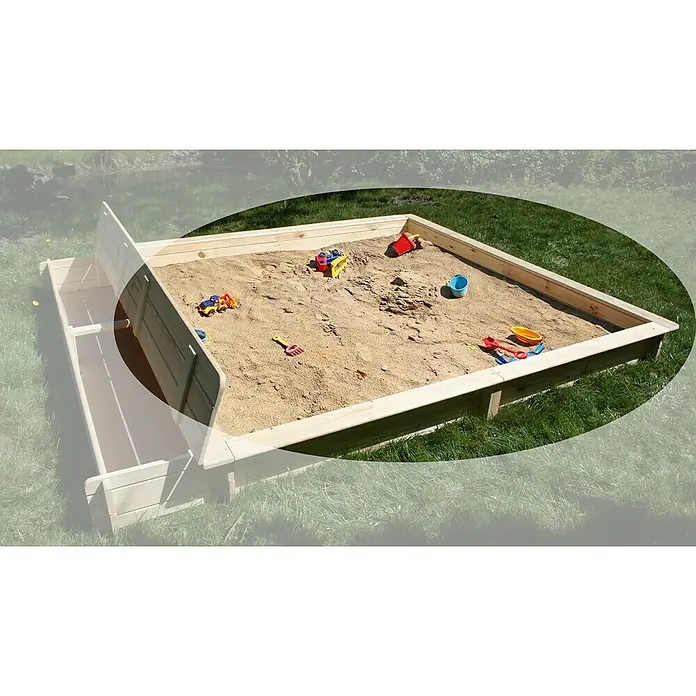 Promadino Sandkasten YanickHolz - Quadratischer Sandkasten aus Holz mit Spielzeug auf Rasen im Freien. Perfekt für stundenlangen Spielspaß im Garten für die Kleinen.