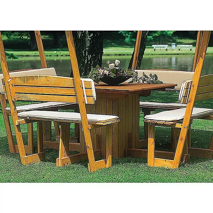 Promadino Sitzauflage Rosenheim - Beige, L x B x H: 98 x 35 x 3 cm - Hölzerner Picknicktisch mit Bänken und hellen Kissen am Wasser.