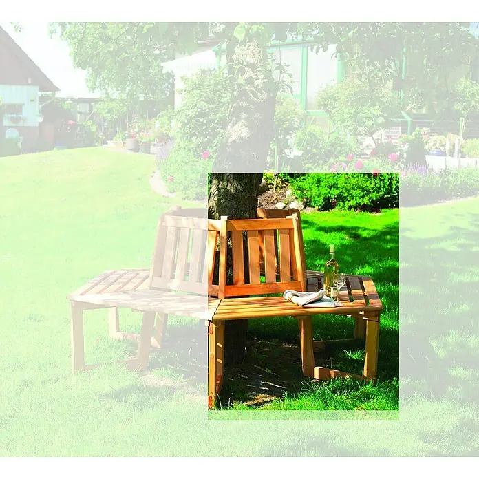 Promadino Baumbank 180° - Kiefer, Honigbraun, Ohne Auflage - Gartenmöbel-Set mit Tisch, Stuhl, Flasche Wein und Weinglas, perfekt für entspannte Stunden im Grünen.