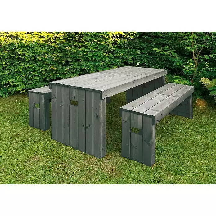 Promadino Gartenmöbel-Set Rotterdam -  - Grauer Holztisch mit fest verbundenen Bänken.