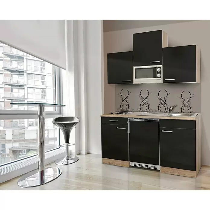 Respekta Cocina compacta Luis - Ancho: 150 cm, Negro, Placa vitrocerámica, frigorífico y microondas, Microondas, Color de la encimera: Roble - Cocina compacta con frentes negros brillantes y detalles de madera clara, con fregadero, vitrocerámica y microondas, ideal para apartamentos pequeños.