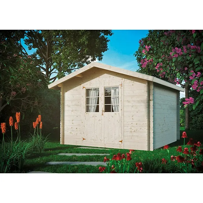Kiehnholz Gartenhaus Bregenz - Wandstärke: 28 mm, Satteldach, Holz - Helles Holzgartenhaus mit Fenstern und Türen, umgeben von grüner Natur und bunten Blumen. Ideal für Gartenutensilien.