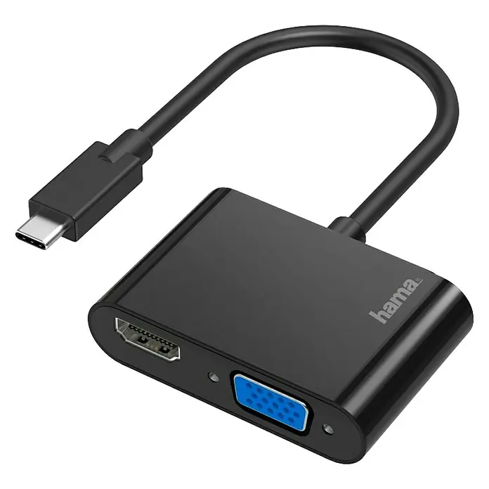 Hama Videoadapter 2in1 VGA+HDMIUSB C-Stecker - Abbildung eines schwarzen Hama USB-C auf HDMI/VGA Adapters mit Kabel, der eine flexible Verbindung zu verschiedenen Bildschirmen ermöglicht.
