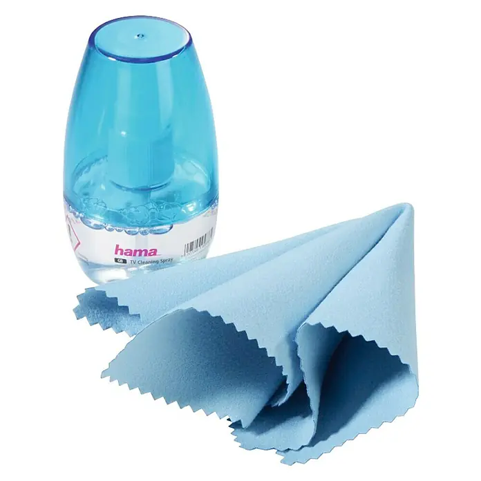 Hama Set Bildschirm-Reinigung mit Mikrofasertuch - 40 ml, Bildschirme von PC, Laptop, Tablet-Display - Hama TV-Reinigungsspray und ein blaues Reinigungstuch, ideal für die schonende Pflege elektronischer Bildschirme.