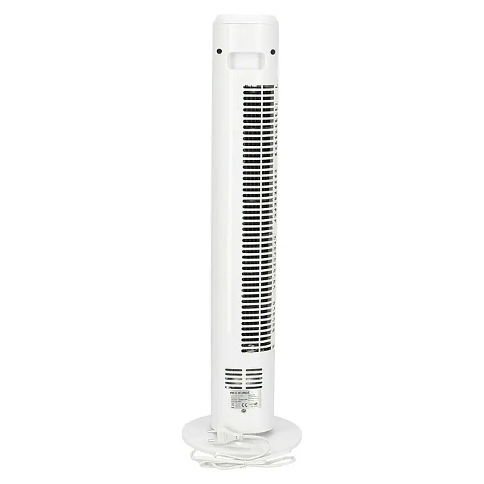 Proklima Turmventilator - Weiß, 78 cm, 50 W - Ein weißer, schlanker Turmventilator auf einem runden Sockel. Das moderne Design passt in jedes Zuhause und sorgt für eine angenehme Kühlung.