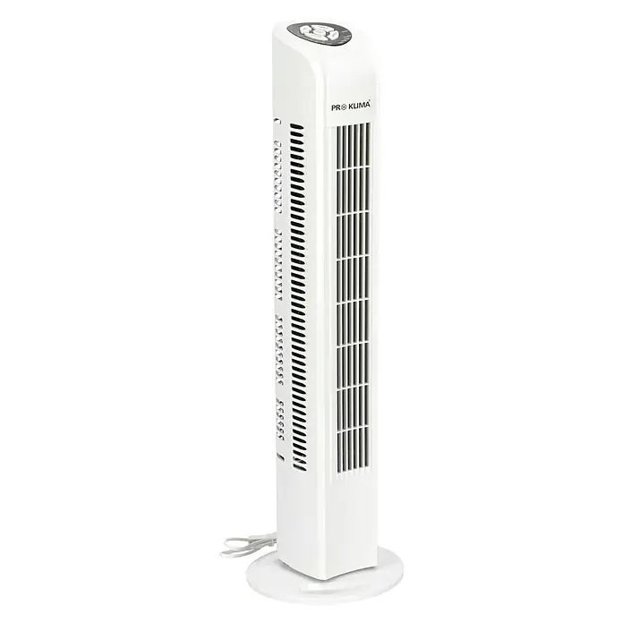 Proklima Turmventilator - Weiß, 78 cm, 50 W - Ein weißer Pro Klima Turmventilator steht auf einem weißen Sockel, perfekt für die Luftzirkulation in jedem Raum.
