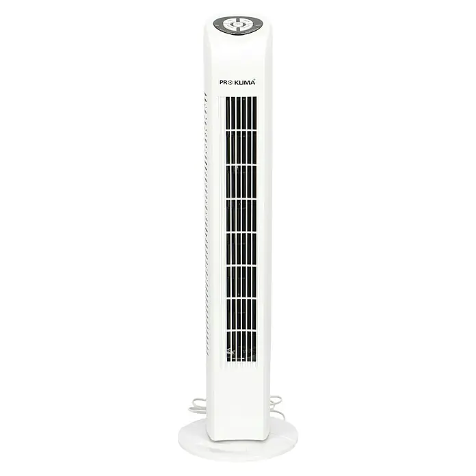 Proklima Turmventilator - Weiß, 78 cm, 50 W - Weißer Pro Klima Turmventilator mit Bedienfeld oben und Kabelführung am Fuß.