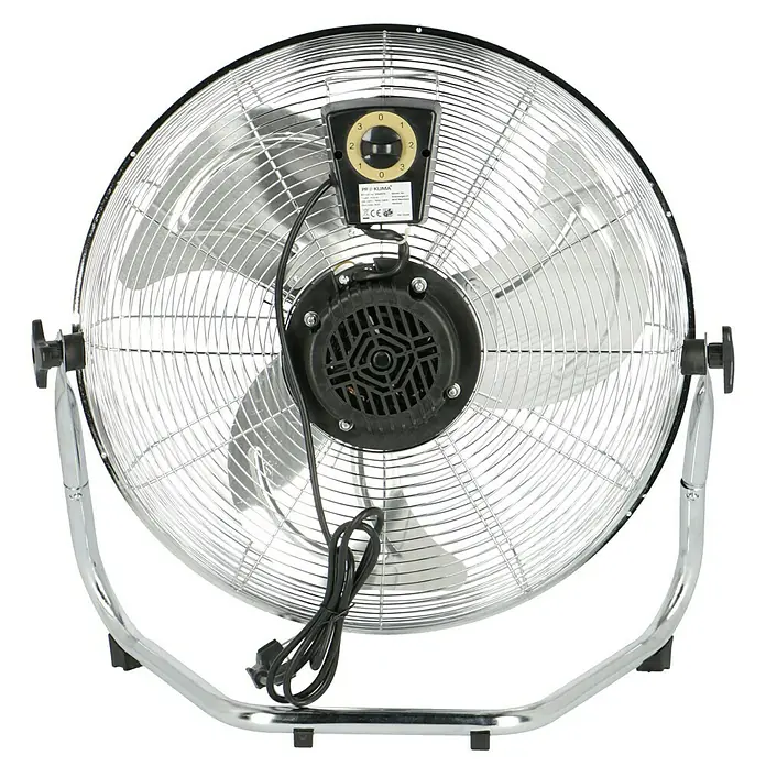 Proklima Bodenventilator - Silber, 45 cm - Nahaufnahme eines chromfarbenen Industrieventilators mit einem robusten Metallgehäuse und einem markanten Schalter zur Geschwindigkeitsregulierung.
