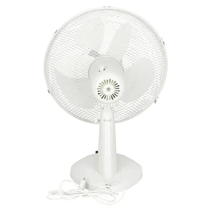Proklima Tischventilator - Weiß, 30 cm - Nahaufnahme eines weißen Tischventilators mit drei Flügeln und einem schützenden Gitter. Ideal für heiße Tage.