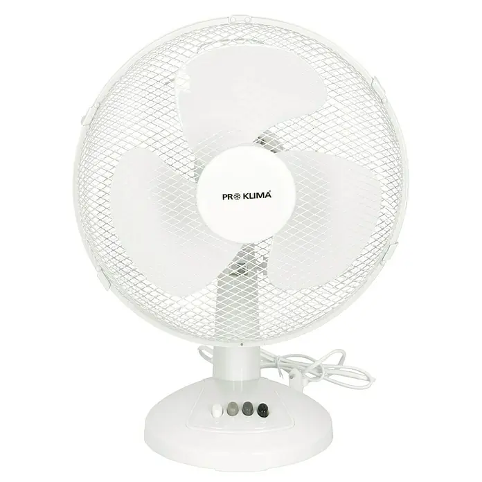 Proklima Tischventilator - Weiß, 30 cm - Ein weißer Pro Klima Tischventilator mit einem runden Schutzgitter und einem Bedienfeld mit mehreren Tasten.