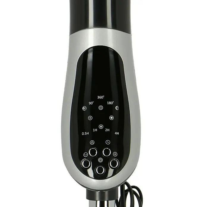Proklima Standventilator - Silber/Schwarz, 40 cm, 148 cm - Detailaufnahme der Bedienelemente eines Ventilators. Die Knöpfe ermöglichen die Steuerung von Oszillation und Timer.