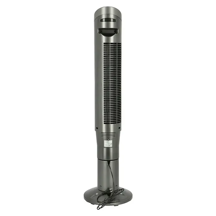 Voltomat Turmventilator - Schwarz, 132 cm - Ein silberner Turmventilator mit einem Tragegriff und einem runden Sockel, der für eine optimale Luftzirkulation sorgt.