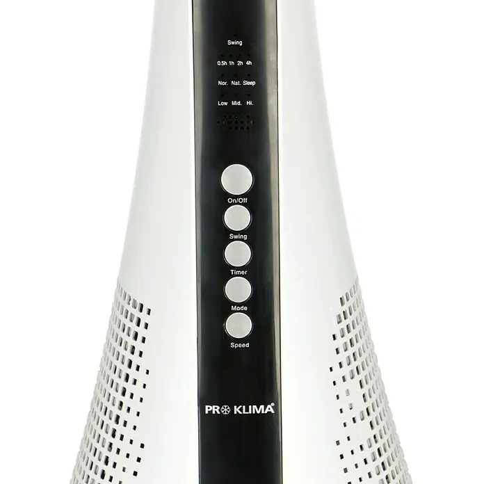 PR Klima Ventilador de torre Design - Blanco/Negro, 110 cm, 40 W - Primer plano de un ventilador de torre Pro Klima con controles para oscilación, temporizador, modo y velocidad.