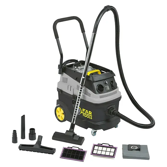 Fartools Aspirador en seco y húmedo eléctrico MF35 - 1.600 W, Volumen de recipiente: 35 l, Con bolsa - Imagen de un aspirador industrial de FAR Tools con accesorios, ideal para taller y obra.