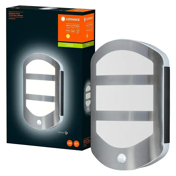 Ledvance LED-Außenwandleuchte Endura - 12,5 W, 180 x 60 x 283 mm, Edelstahl, IP44, Mit Bewegungssensor - Das Bild zeigt die LEDVANCE Endura Style Plate Wandleuchte mit Sensor, ideal für den Außenbereich, mit energiesparender LED-Technologie.