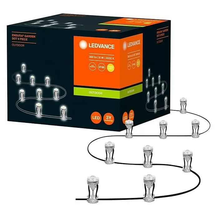 Ledvance LED-Lichterkette9,25 m, Lichtfarbe: Warmweiß - LEDVANCE Endura Garten Dot 9er Set für den Außenbereich. Mit 380 lm, 6 W, 3000 K, IP66 und 3 Jahren Garantie.