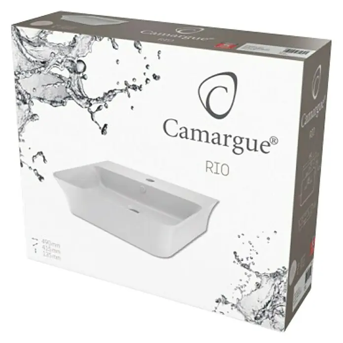 Camargue Rio Waschbecken - 49 x 41,5 cm, Ohne Spezialglasur, Hahnloch: Mitte, Mit Überlauf, Weiß - Verpackung des Camargue RIO Waschbeckens in Weiß, ideal für moderne Badezimmerdesigns. Mit klarem Design und präzisen Abmessungen.