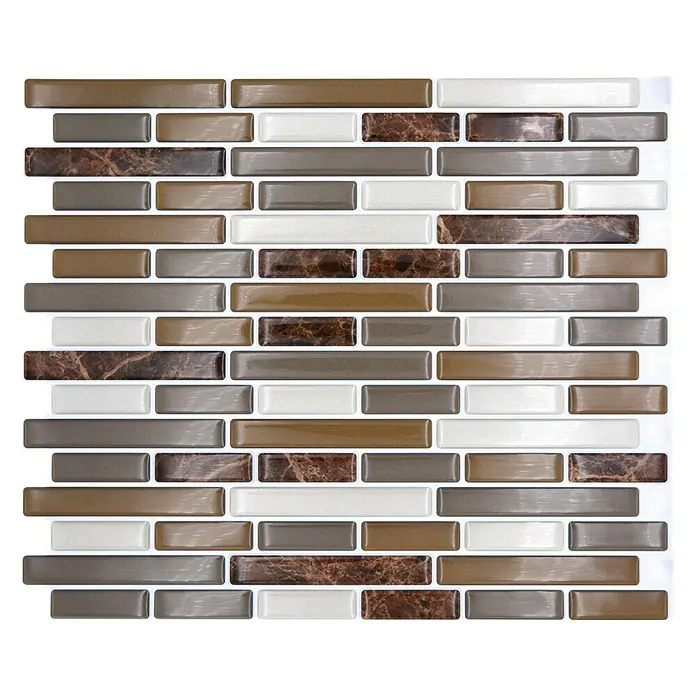 Selbstklebemosaik Marble SVM 24088 - 23,6 x 25,5 cm, Mix Braun, Glänzend - Nahaufnahme eines Musters aus abziehbaren und aufklebbaren braunen, grauen und weißen Wandfliesen.