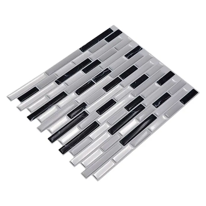 Selbstklebemosaik Midnight SVM 24050 - 23,6 x 25,5 cm, Silber/Schwarz, Glänzend - Elegante selbstklebende Mosaikfliese mit einem stilvollen Muster aus schwarzen und grauen Akzenten für eine moderne Wandgestaltung.