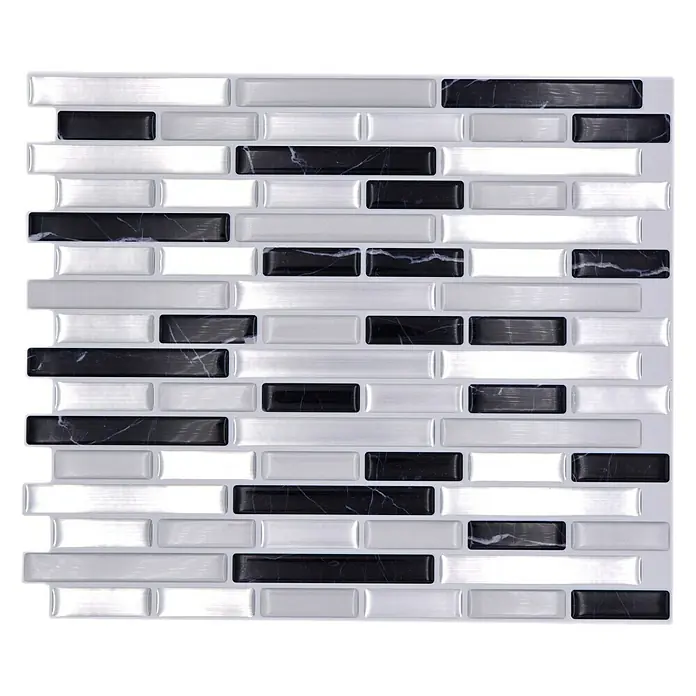 Selbstklebemosaik Midnight SVM 24050 - 23,6 x 25,5 cm, Silber/Schwarz, Glänzend - Das Bild zeigt eine stilvolle Wandfliese in Schwarz, Weiß und Grau, die ein modernes und elegantes Design für jeden Raum bietet.
