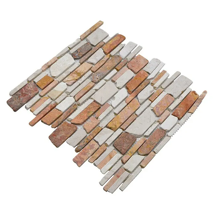Mosaikfliese Mix MOS BRICK 225 - 30,5 x 30,5 cm, Rot/Weiß, Matt - Nahaufnahme eines Mosaiks aus Naturstein, das Textur und Farbvariationen hervorhebt. Ideal für die Innenausstattung und zur Verschönerung von Wänden.