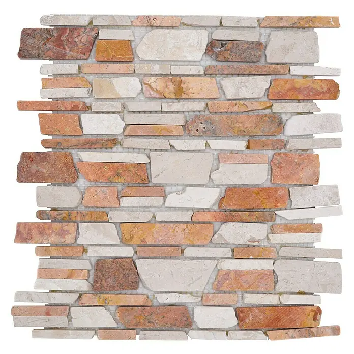 Mosaikfliese Mix MOS BRICK 225 - 30,5 x 30,5 cm, Rot/Weiß, Matt - Das Bild zeigt eine Nahaufnahme einer dekorativen Wandfliese mit orangefarbenen und beigen Natursteinen. Die Fliese besteht aus verschiedenen Steinfragmenten.