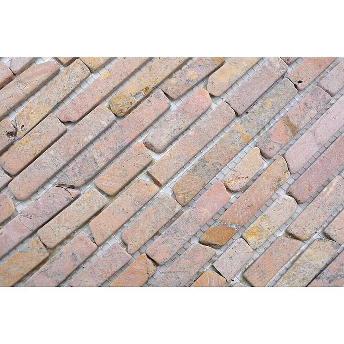 Mosaikfliese MOS BRICK 145 - 30,5 x 30,5 cm, Rot, Matt - Nahaufnahme von rechteckigen rosafarbenen Natursteinen, die diagonal auf einem Netzmuster angeordnet sind.
