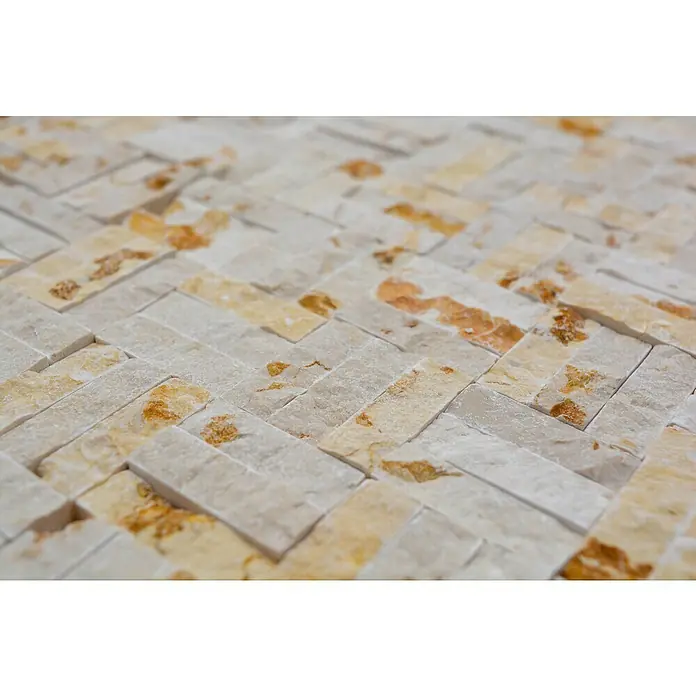 Mosaikfliese MOS X3D 63 - 30 x 30 cm, Beige, Matt - Nahaufnahme von dekorativen Wandfliesen in einem Fischgrätenmuster mit hellen und gelben Farbtönen.