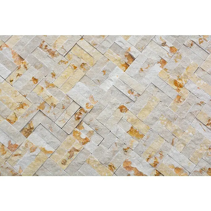 Mosaikfliese MOS X3D 63 - 30 x 30 cm, Beige, Matt - Beige und graue Ziegelwand mit Fischgrätenmuster und Flecken. Ideal für Innenräume.