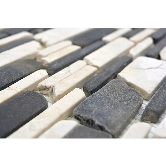 Mosaikfliese Mix MOS BRICK 205 - 30,5 x 30,5 cm, Schwarz/Weiß, Matt - Nahaufnahme eines Mosaiks mit grauen und weißen Steinen, die ein vielseitiges und modernes Design für jeden Raum bieten.