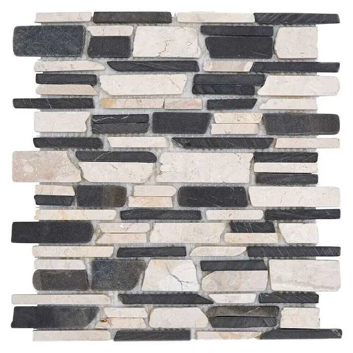 Mosaikfliese Mix MOS BRICK 205 - 30,5 x 30,5 cm, Schwarz/Weiß, Matt - Nahaufnahme einer Mosaikfliese aus Naturstein in Schwarz- und Beigetönen, ideal für stilvolle Wand- und Bodengestaltung im Innenbereich.