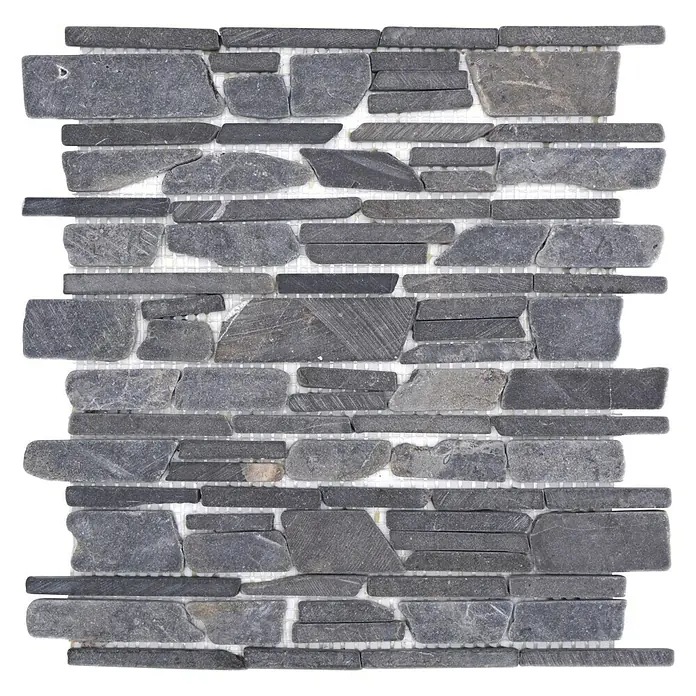 Mosaikfliese MOS BRICK 210 - 30,5 x 30,5 cm, Schwarz, Matt - Nahaufnahme eines Wandmosaiks aus grauem Naturstein, ideal für stilvolle Innenräume und Außenbereiche.