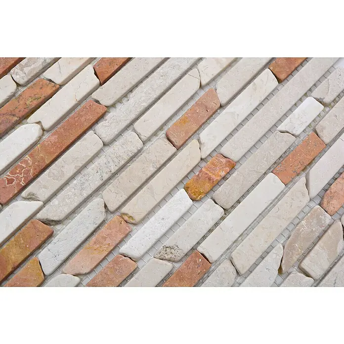Mosaikfliese MOS BRICK 135 - 30,5 x 30,5 cm, Rot/Beige, Matt - Nahaufnahme eines Mosaiks aus beigen und roten Steinstäbchen, die auf einem feinen Netz befestigt sind.