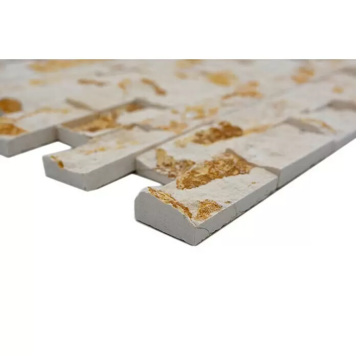 Mosaikfliese Brick Splitface MOS X3D46 - 30 x 30 cm, Beige, Matt - Strukturierte Naturstein-Mosaikfliese in Beige mit goldbraunen Akzenten.