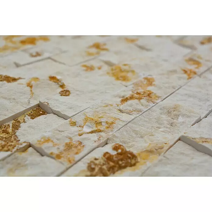 Mosaikfliese Brick Splitface MOS X3D46 - 30 x 30 cm, Beige, Matt - Strukturierte weiße und braune Naturstein-Mosaikfliesen mit rauer Oberfläche, rechteckig angeordnet.