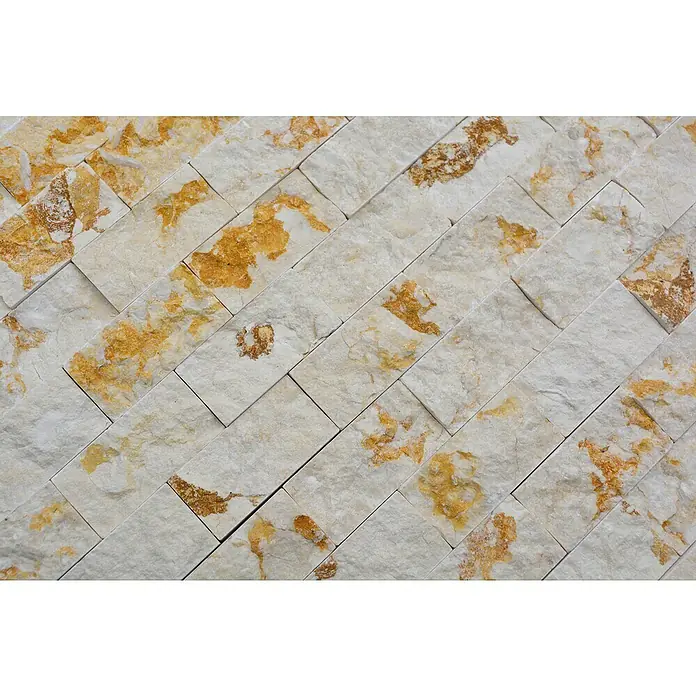Mosaikfliese Brick Splitface MOS X3D46 - 30 x 30 cm, Beige, Matt - Beige Natursteinverkleidung mit Akzenten in Gold und Braun für eine elegante und warme Wandgestaltung.