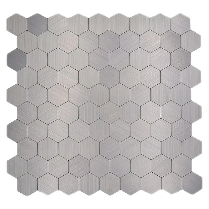 Selbstklebemosaik Hexagon SAM 4MMHX - 28 x 29 cm, Silber, Glänzend - Silberfarbene hexagonale Metallfliesen für eine moderne Wand- oder Bodengestaltung. Ideal für stilvolle Akzente im Innenbereich.