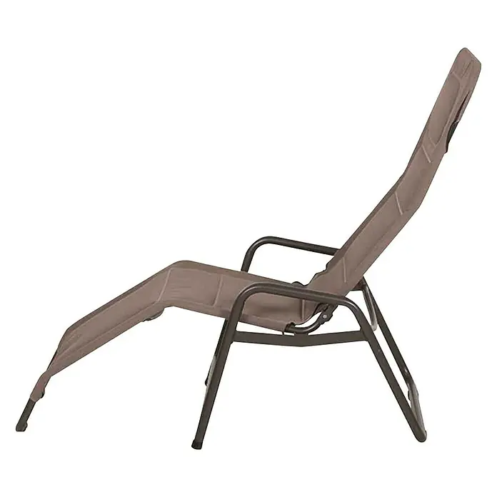 Gartenliege Fano - Taupe, Metall, Klappbar - Ein brauner, verstellbarer Relaxsessel mit Armlehnen und einem schlanken Metallgestell, ideal zum Entspannen im Freien.