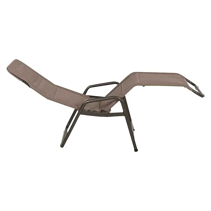 Gartenliege Fano - Taupe, Metall, Klappbar - Ein stilvoller, verstellbarer Liegestuhl mit braunem Bezug und dunklem Rahmen für entspannte Stunden im Freien.