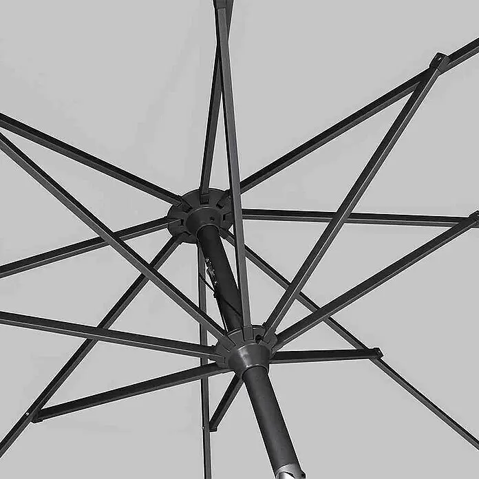 Siena Garden Marktschirm Avio - Stone, Bespannungsmaß (L x B): 250 x 250 cm - Unterseite eines Sonnenschirms mit dunkelgrauem Metallgestell und radialen Streben vor hellem Schirmtuch.