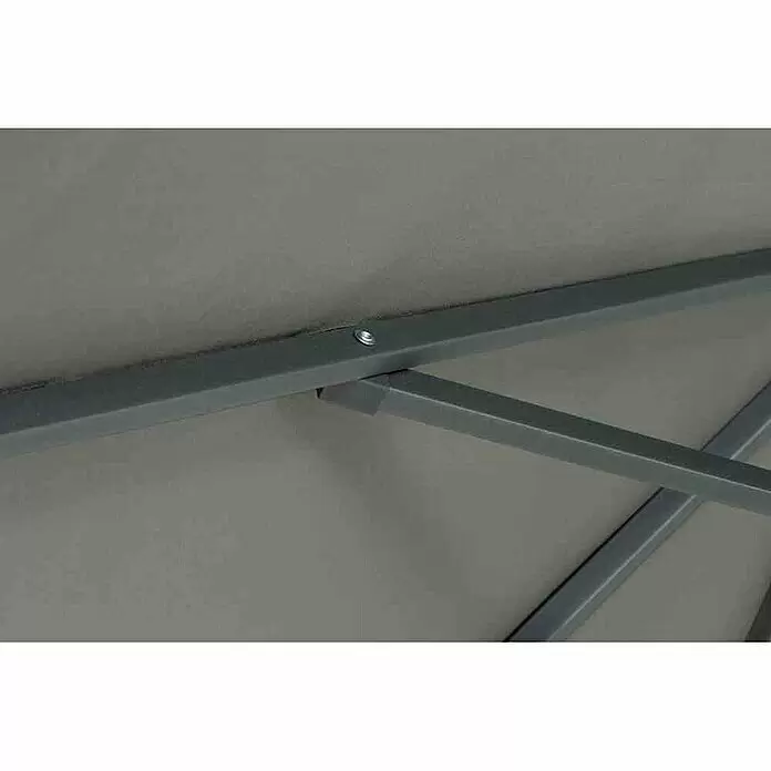 Siena Garden Marktschirm rund Avio - Olive, Durchmesser Bespannung: 350 cm - Nahaufnahme eines grauen Metallgestells mit Schraubverbindung und grauem Dachstoff.